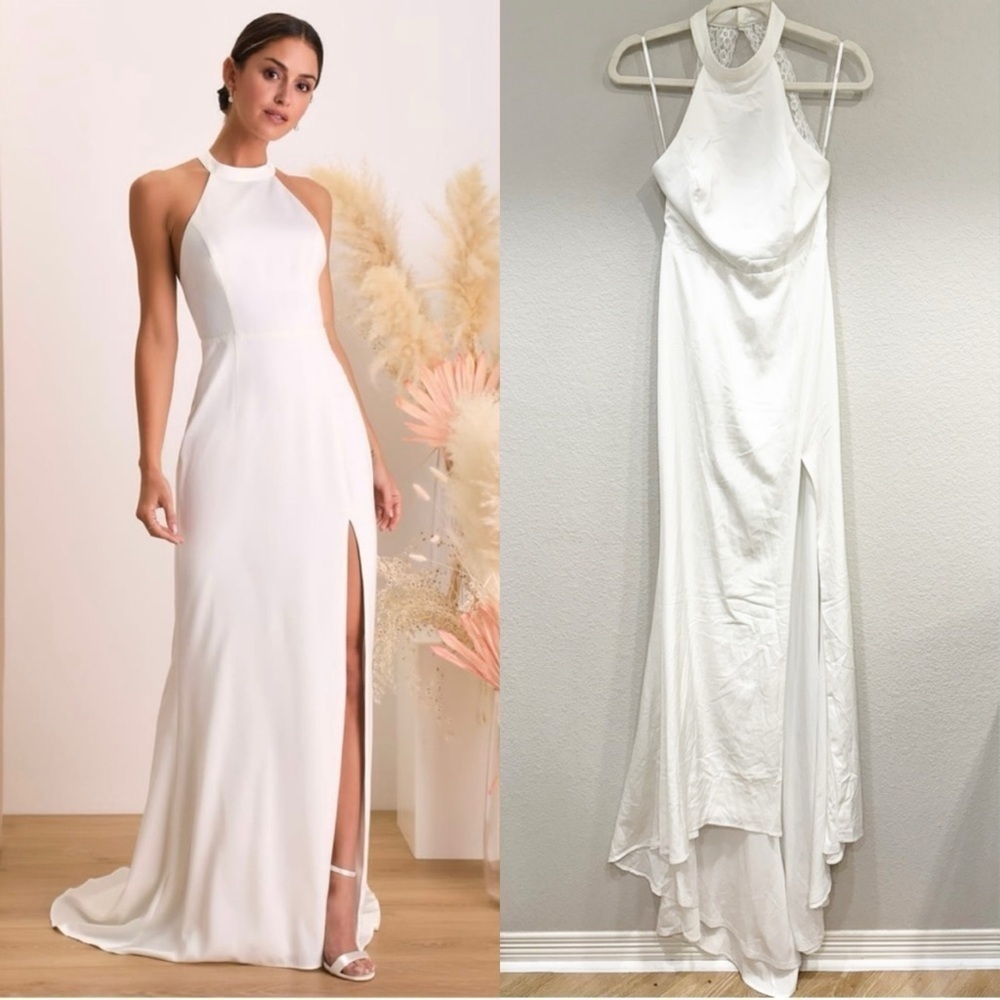 NWOT‎ Lulus Radiant Adoration White Satin Lace Backless Halter Maxi Dress
